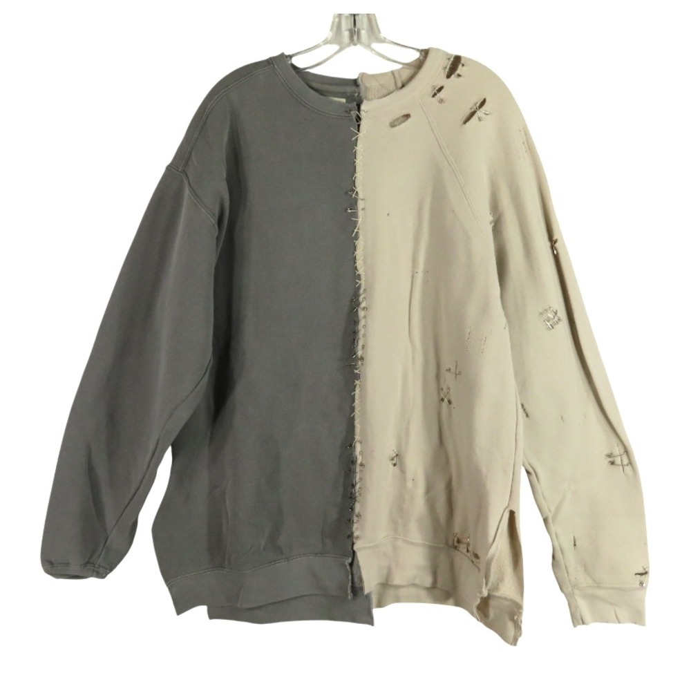 SKULL HOUSE SWEATSHIRT Gray/Beige HALF-EACH COLORBLOCK Safety Pins Shredded XL